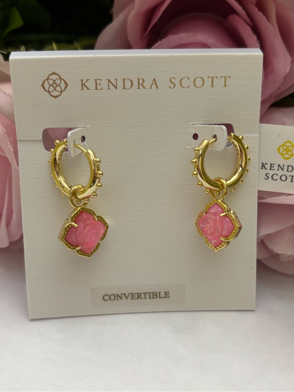 NWT Kendra Scott Mallory Rose Huggie Hoop earrings in gold blush mother of pearl
